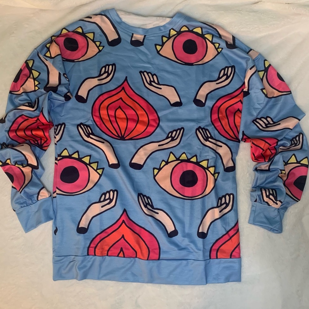 Pink Eyes Print Blue Pullover Sweatshirt